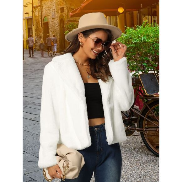 Winter Cropped Notch Lapel Long Sleeve Faux Fur Fluffy Coat White - Picture 4 of 6